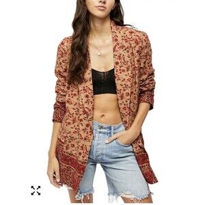 Free People Size Small Red Tan Bellflower Floral Printed Border Blazer Jacket